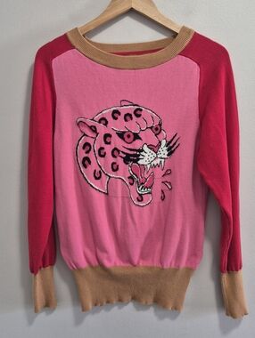Oxknit Leopard Colorblock Cotton Hot Pink Sweater Size Small